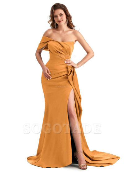 Sexy Side Slit Mermaid Silky Satin One Shoulder Chic Long Maid Of Honor Dresses