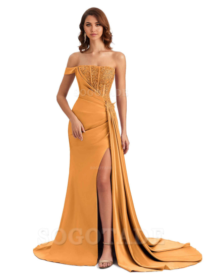 Mermaid Off Shoulder Applique formal dresses evening gown Bridesmaid Dresses With Side Slit 