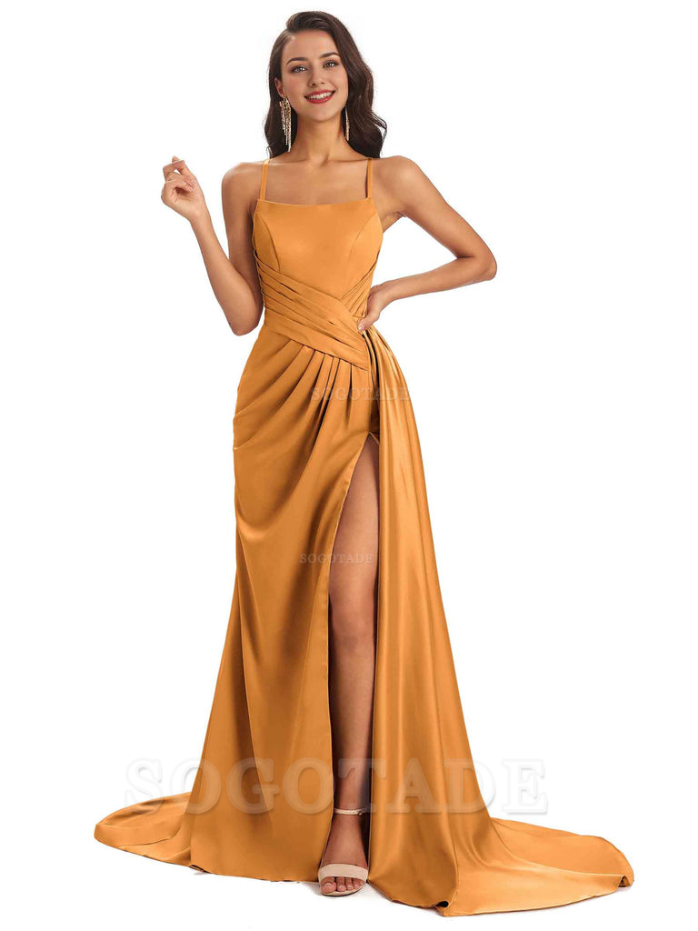 Sexy Soft Satin Side Slit Spaghetti Straps Long Maxi Bridesmaid Dresses prom shop dresses