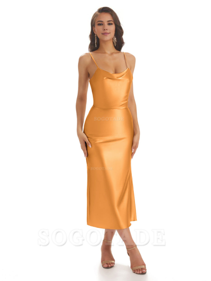 Sexy Soft Satin Spaghetti Strap Tea-Length Midi Short Bridesmaid Dresses prom shop dresses