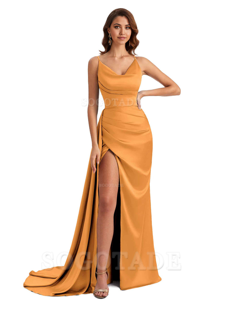 Mermaid Cowl Spaghetti Satin formal dresses evening gown Bridesmaid Dresses With Side Slit
