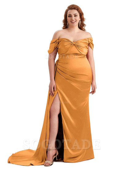  Sexy Side Slit Off The Shoulder Mermaid Soft Satin Long Plus Size Bridesmaid Dress For Wedding