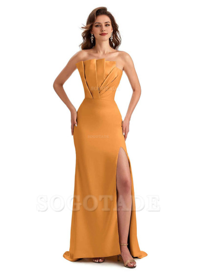 Unique Soft Satin Side Slit Asymmetrical Neckline Mermaid Long Bridesmaid Dresses