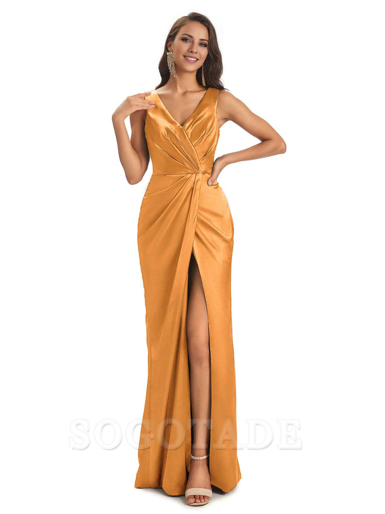 V-Neck Unique Long Satin Bridesmaid Dresses with Front Slit