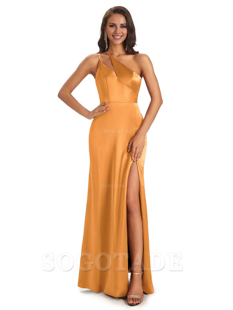 Sexy Soft Satin Side Slit One Shoulder Floor-Length Mermaid Long Bridesmaid Dresses Elegant Evening Party Dress