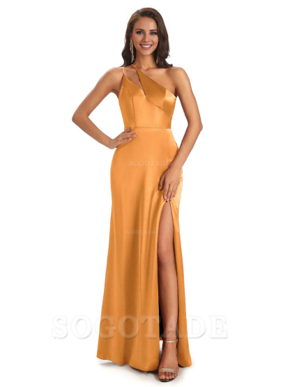 Sexy Soft Satin Side Slit One Shoulder Floor-Length Mermaid Long Bridesmaid Dresses Elegant Evening Party Dress
