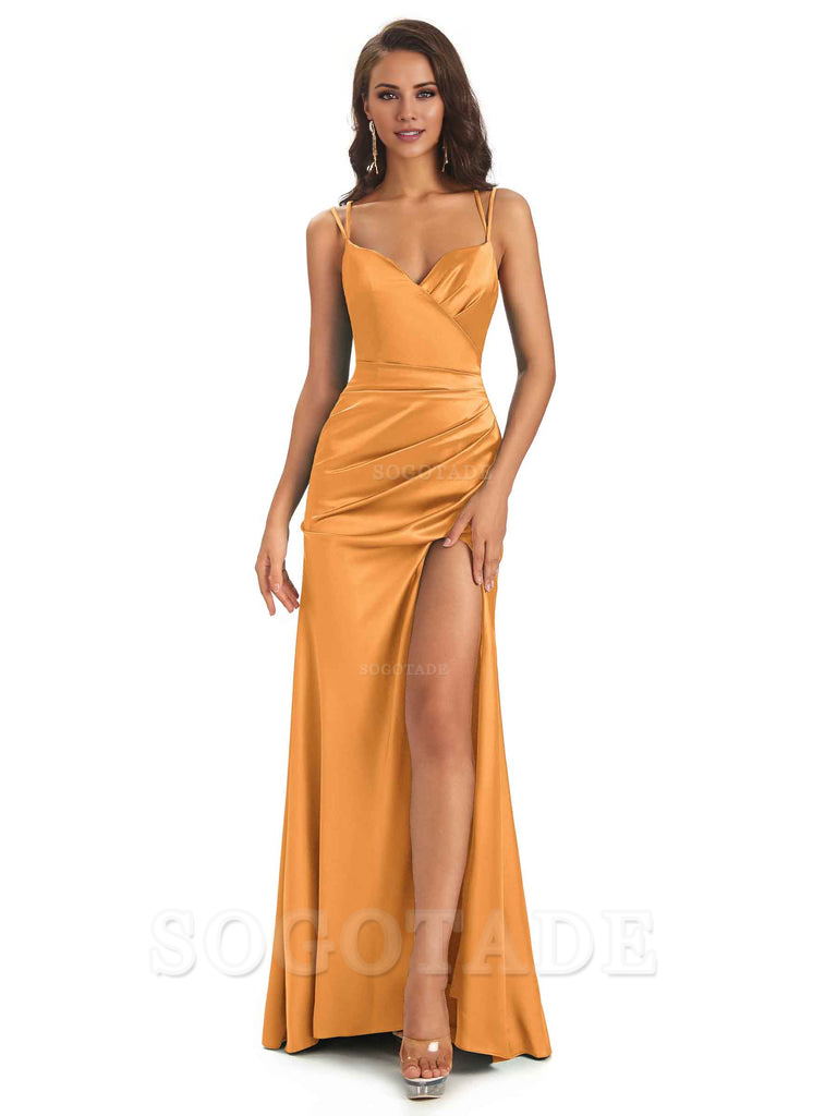 Sexy Soft Satin Side Slit Spaghetti Straps Long Maxi Mermaid Bridesmaid Dresses Elegant Evening Party Dress