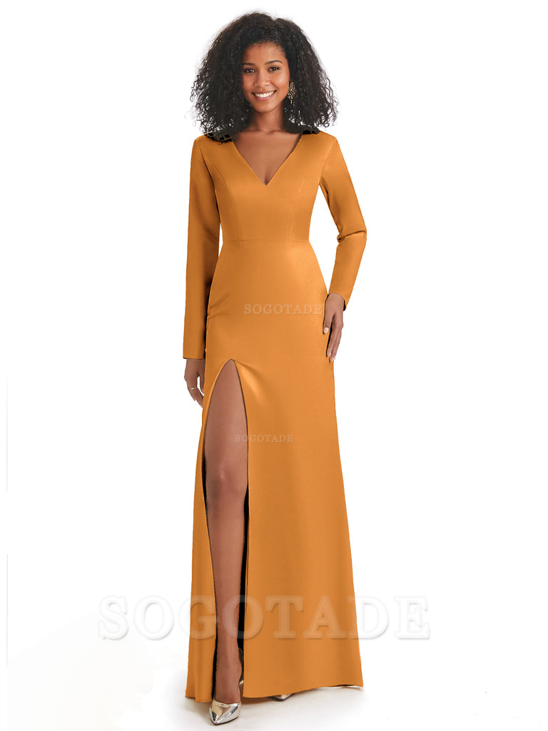 Soft Satin Side Slit Long Sleeves V-Neck Long African Mermaid Bridesmaid Dresses Elegant Evening Party Dress