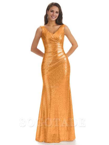 Sexy Sequin V-Neck Sparkly Long Mermaid Bridesmaid Dresses Charming Evening Party Dress
