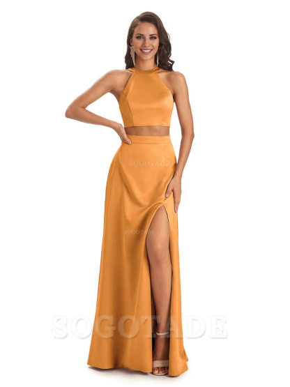 Soft Satin Two-Pieces Halter Side Slit Sexy Fashion Bridesmaid Dresses Charming Evening Party Dress