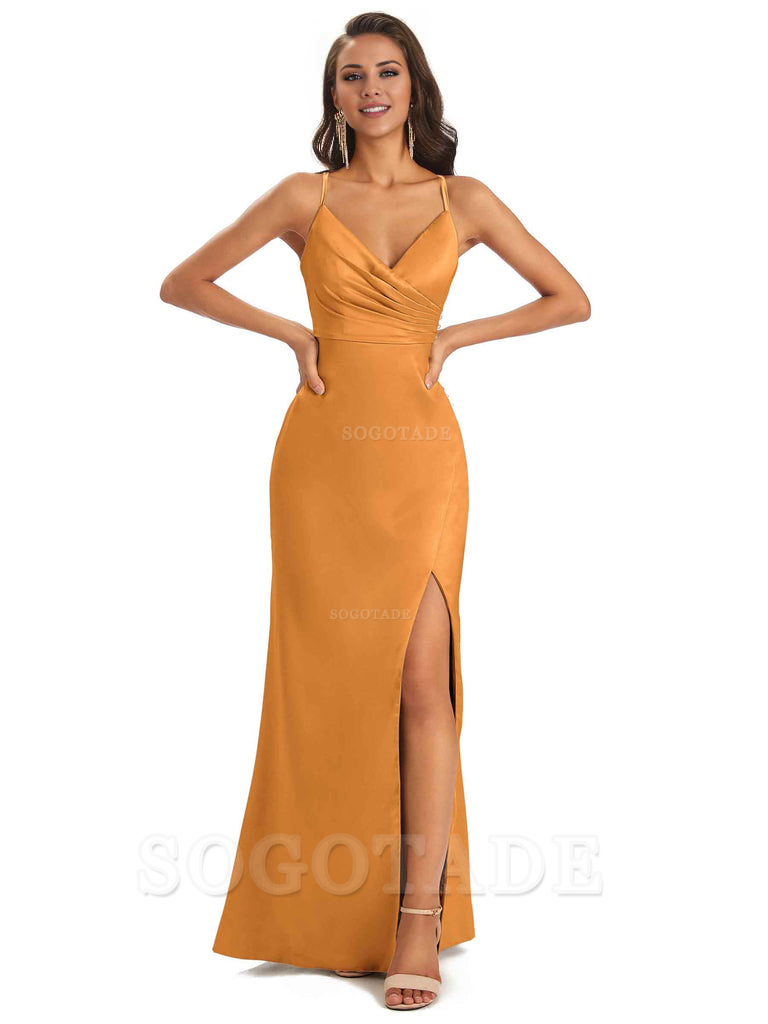 Soft Satin Side Slit Spaghetti Straps Long Unique Mermaid Bridesmaid Dresses Elegant Evening Party Dress