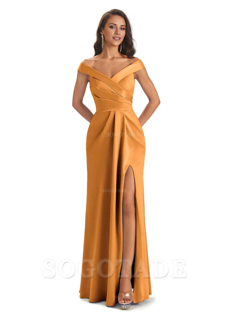 Sexy Soft Side Slit Off Shoulder V-Neck Long Satin Ladies Bridesmaid Dresses Elegant Evening Party Dress