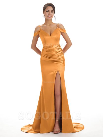 Mermaid Off The Shoulder Satin formal dresses evening gown Bridesmaid Dresses With Side Slit 
