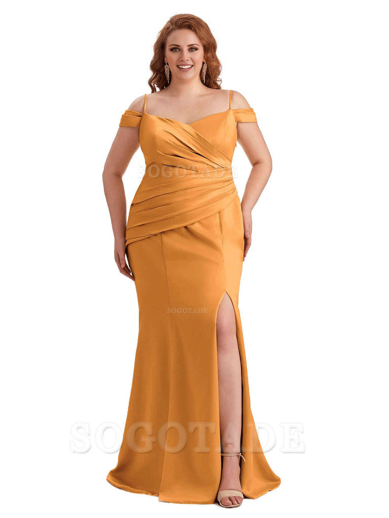 Elegant Cold Shoulder Side Slit Mermaid Soft Satin Long Plus Size Bridesmaid Gowns