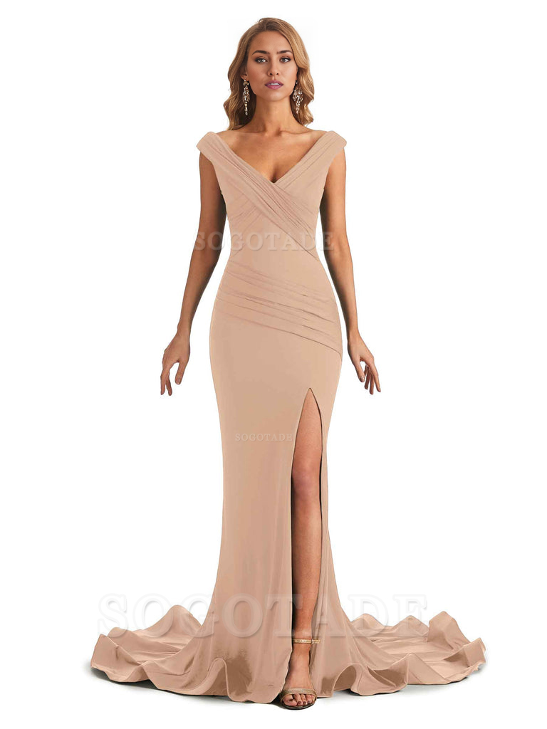 Sexy Mermaid V-Neck Off The Shoulder Side Fork Long Fashion Bridesmaid Dresses Formal Women's Dresses Wedding Guests Dresses