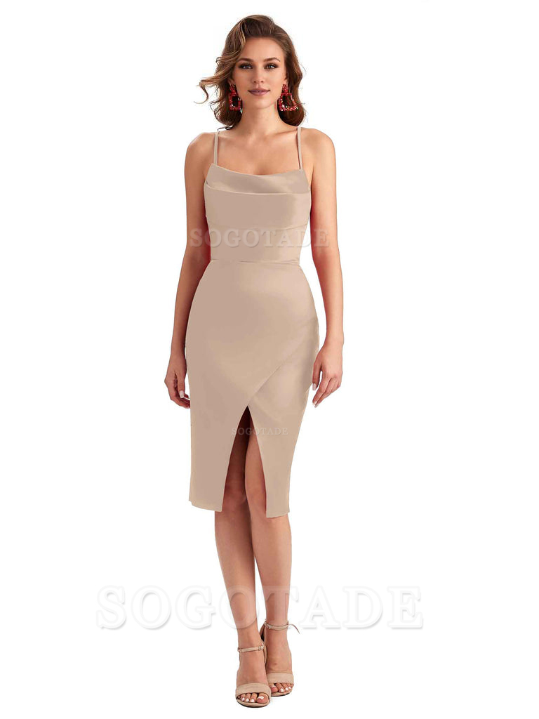 Elegant Spaghetti Straps Mermaid Soft Satin Knee Length Short Bridesmaid Dresses