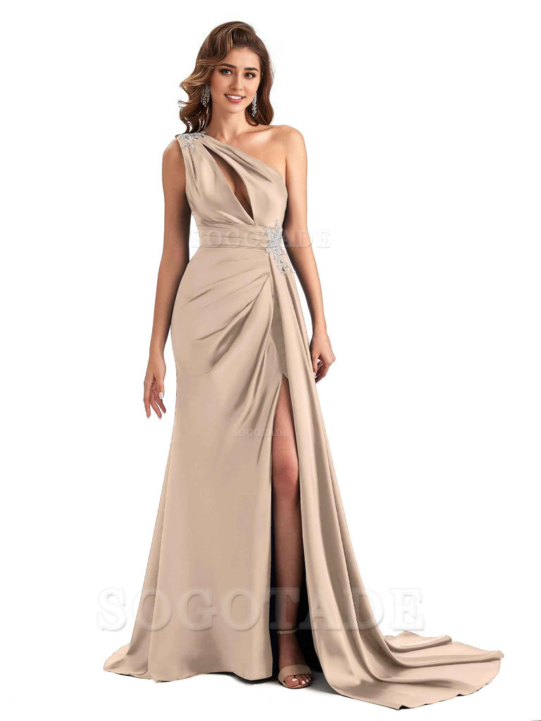 Sexy Side Slit Mermaid Soft Satin One Shoulder Lace Long Modern Bridesmaid Dresses