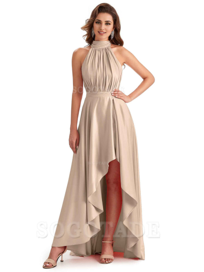 Soft Satin High Neck High Low A-Line Unique Bridesmaid Dresses Online