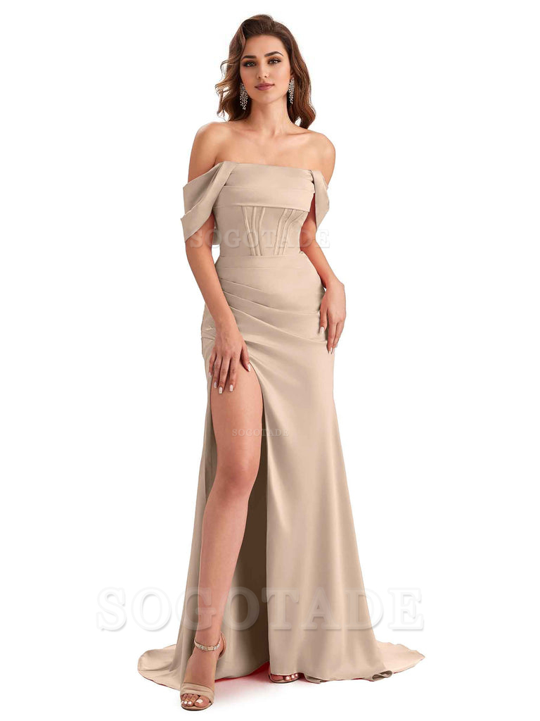 Sexy Side Slit Mermaid Soft Satin Off The Shoulder Unique Long Wedding Attendee Dresses