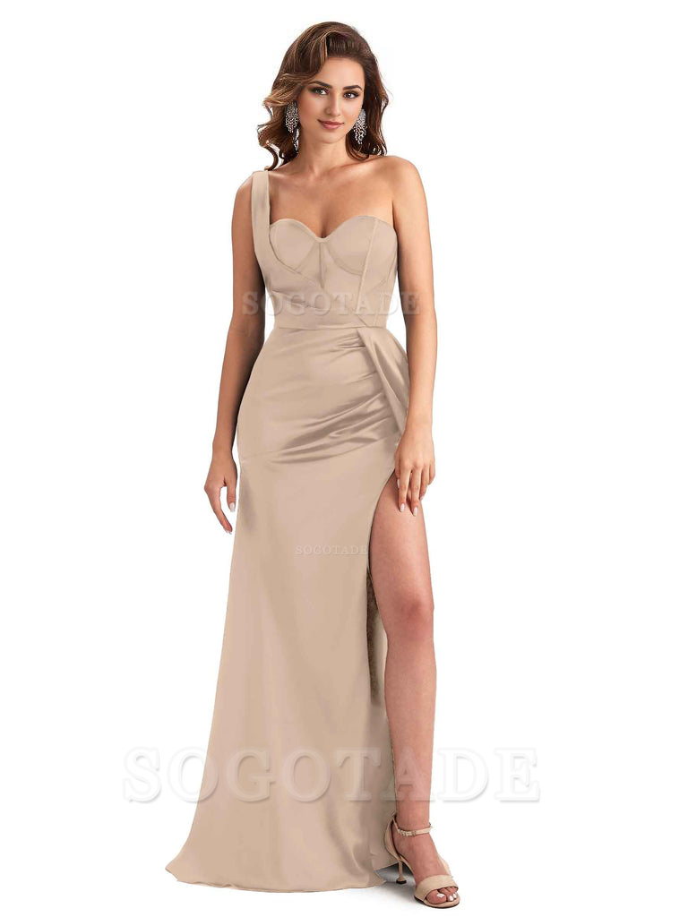 Sexy Mermaid Silky Satin Side Slit One Shoulder Unique Long Wedding Guest Dresses