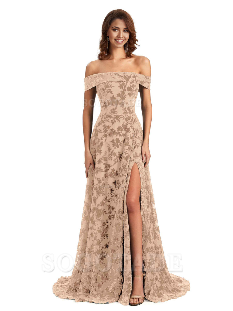 A-Line Off Shoulder Lace Velvet formal dresses evening gown Bridesmaid Dresses With Side Slit