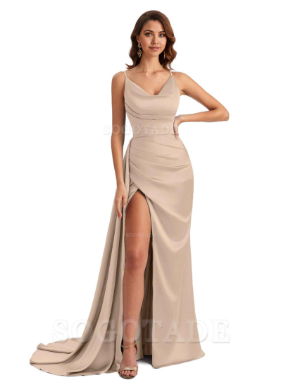 Mermaid Cowl Spaghetti Satin formal dresses evening gown Bridesmaid Dresses With Side Slit