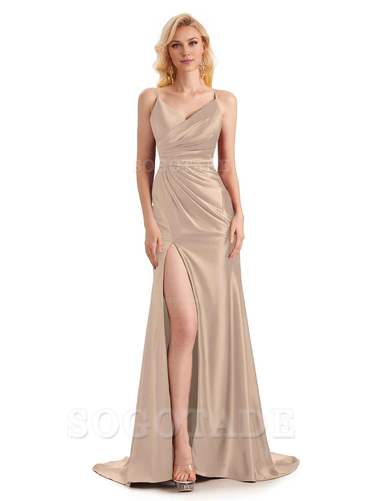 Sexy Charming Side Slit V-Neck Pleated Spaghetti Straps Backless Satin Bridesmaid Dresses Formal Women's Dresses Wedding Guests Dresses