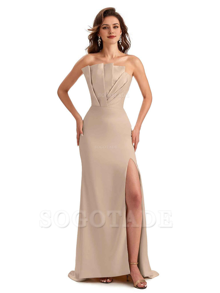 Unique Soft Satin Side Slit Asymmetrical Neckline Mermaid Long Bridesmaid Dresses