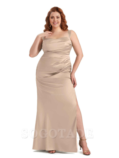 Sexy Side Slit Mermaid Wide Straps Soft Satin Long Plus Size Maid of Bridesmaid Dresses