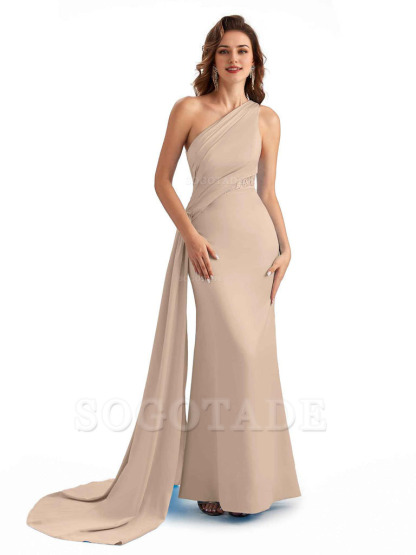 Sexy Mermaid Silky Satin One Shoulder Lace See Through Long Bridesmaid Dresses Online