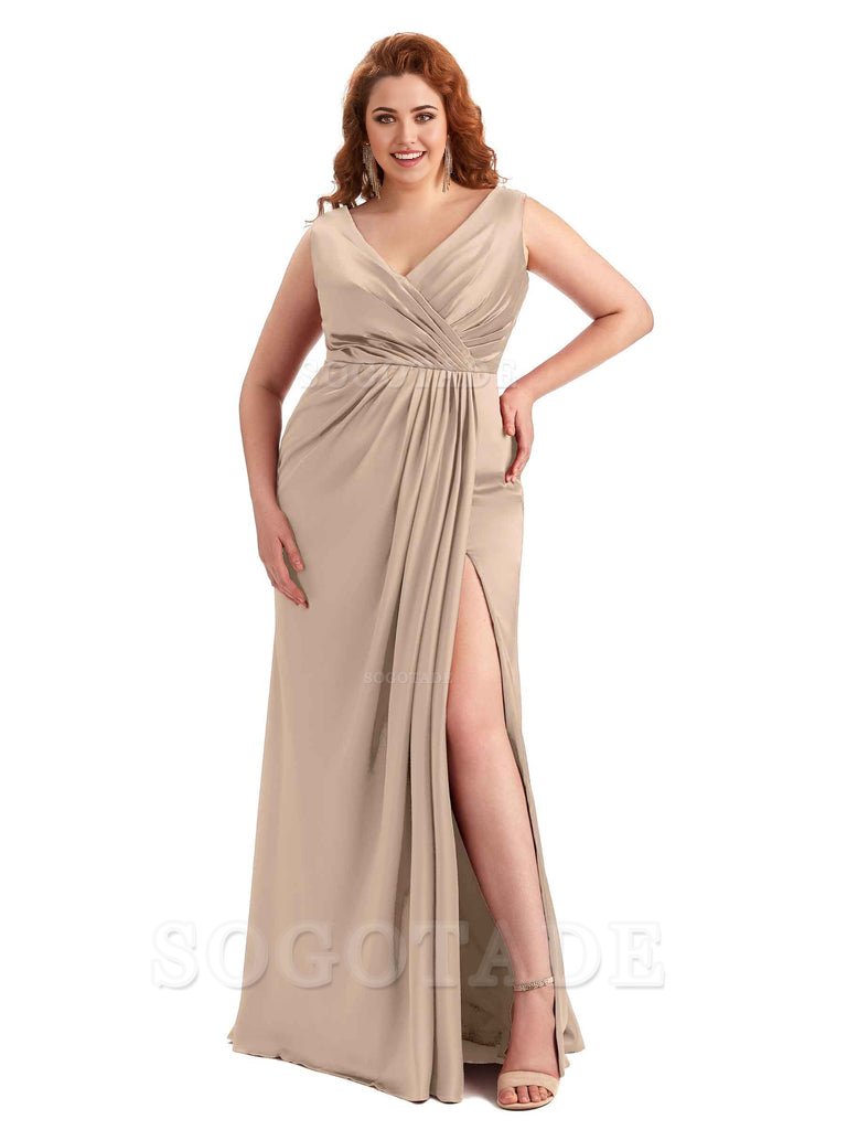Mermaid V-Neck Satin formal dresses evening gown Bridesmaid Dresses With Side Slit 