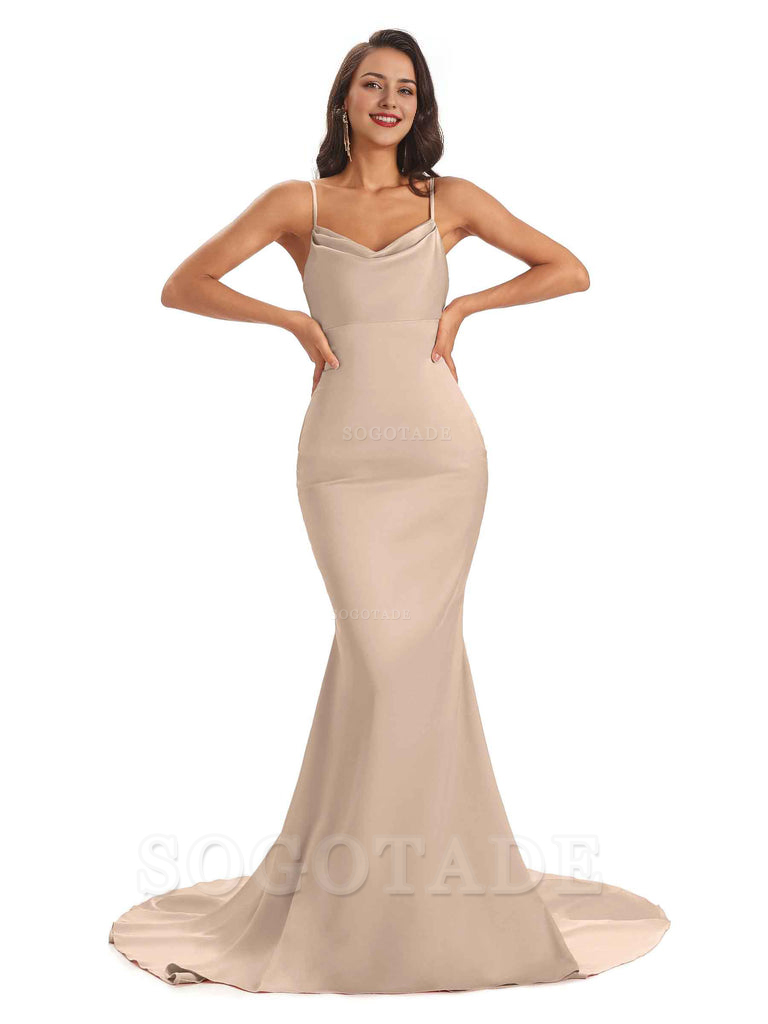 Sexy Backles Soft Satin Spaghetti Straps Maxi Mermaid Bridesmaid Dresses Online prom shop dresses
