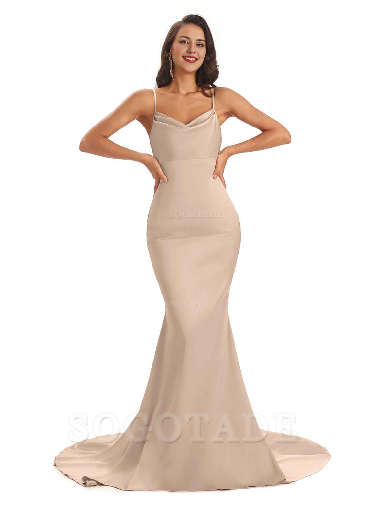 Sexy Backles Soft Satin Spaghetti Straps Maxi Mermaid Bridesmaid Dresses Online prom shop dresses