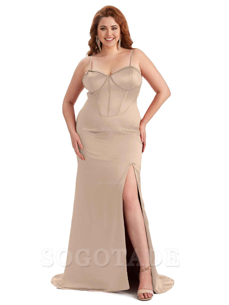 Sexy Spaghetti Straps Side Slit Sleeveless Mermaid Soft Satin Long Bridesmaid Dress Plus Size Dress To Wear to a Wedding