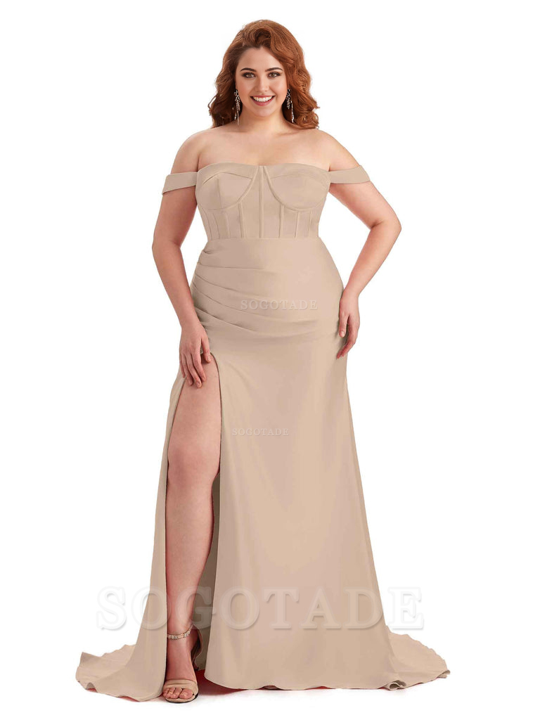 Elegant Off The Shoulder Side Slit Mermaid Soft Satin Floor Length Long Plus Size Bridesmaid Gowns