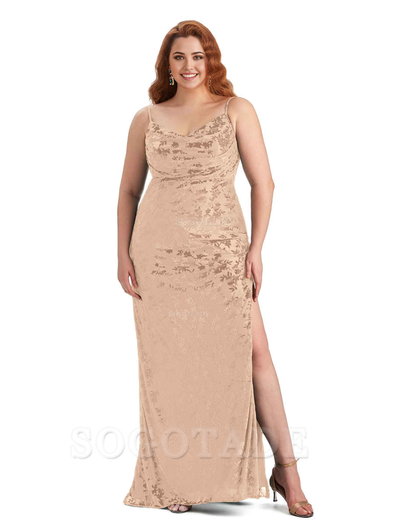 Sexy Side Slit Spaghetti Straps Mermaid Floral Velvet Long Plus Size Bridesmaid Dresses For Wedding