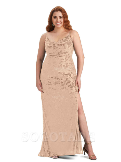 Sexy Side Slit Spaghetti Straps Mermaid Floral Velvet Long Plus Size Bridesmaid Dresses For Wedding