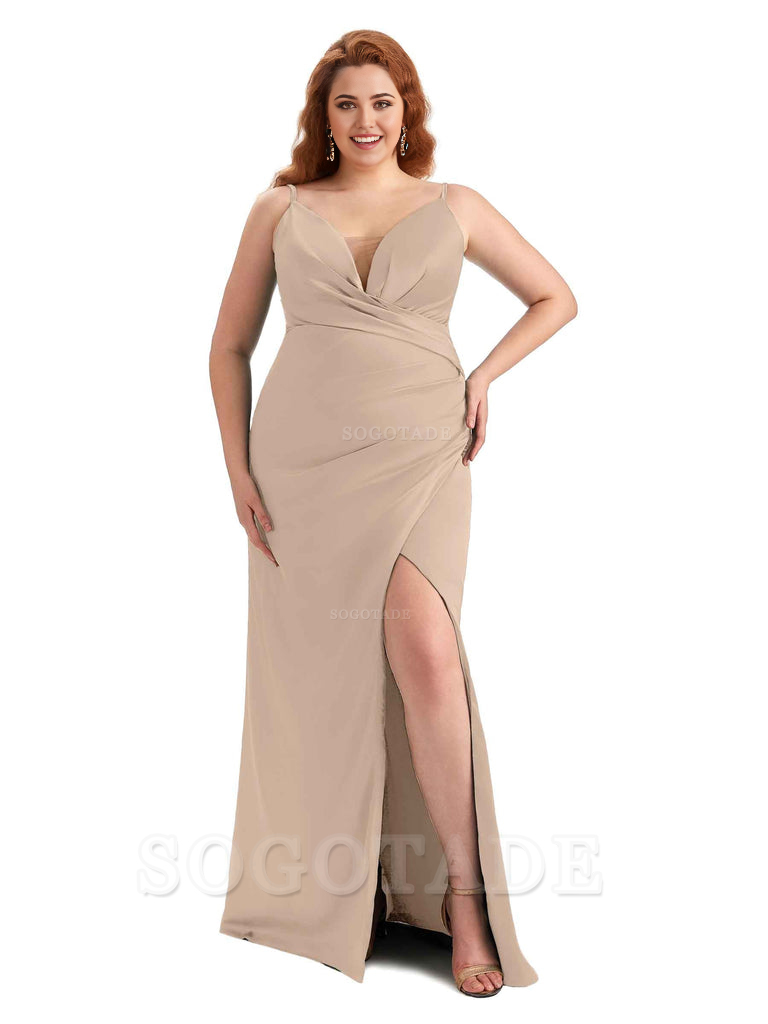 Sexy Side Slit Spaghetti Straps Sleeveless Mermaid V-neck Soft Satin Long Plus Size Bridesmaid Dress For Wedding