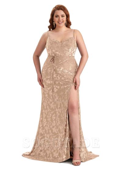 Sexy Side Hight Split Sleeveless Mermaid Spaghetti Straps Floral Velvet Long Plus Size Bridesmaid Gowns