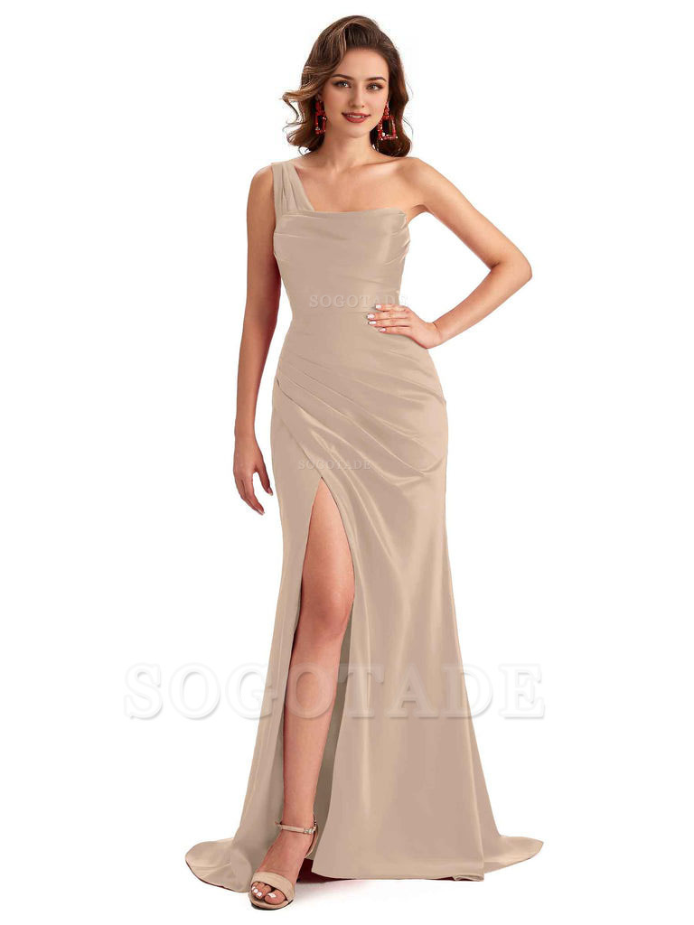 Sexy One Shoulder Side Slit Silky Satin Chic Long Mermaid Trumpet Bridesmaid Dress