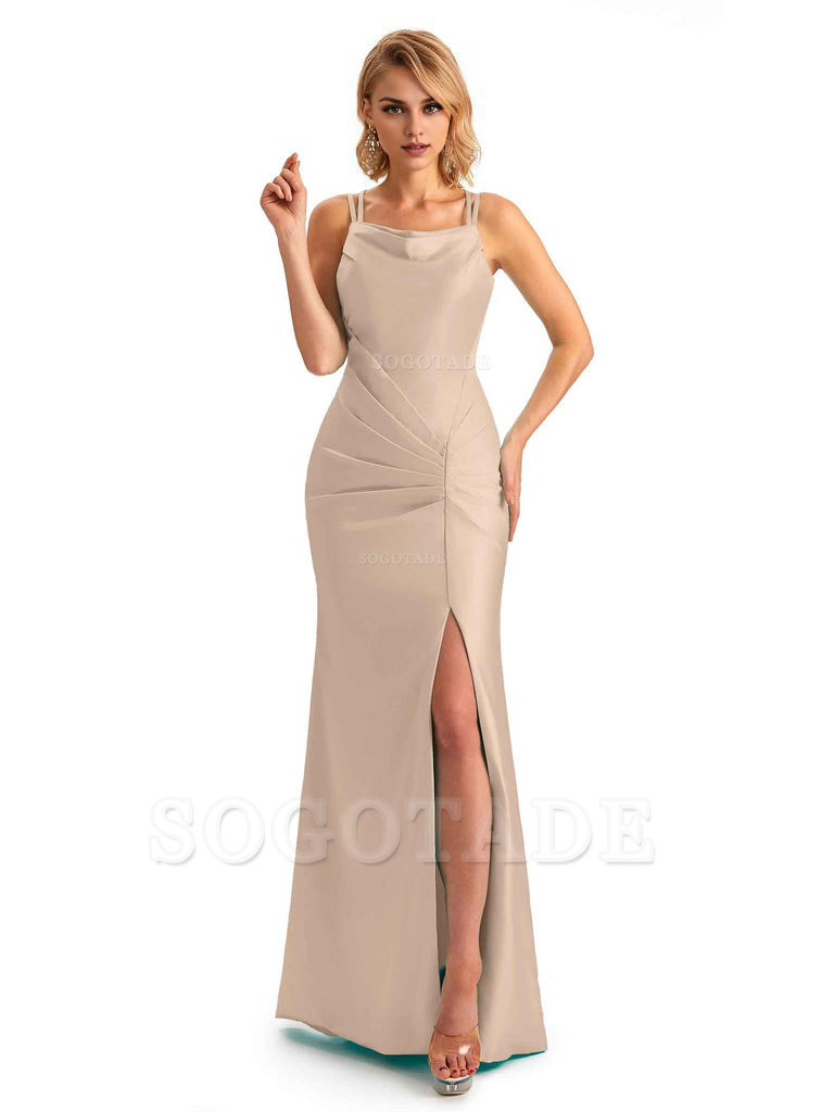 Soft Satin Spaghetti Straps Side Slit Long Unique Mermaid Beautiful Dresses For Wedding