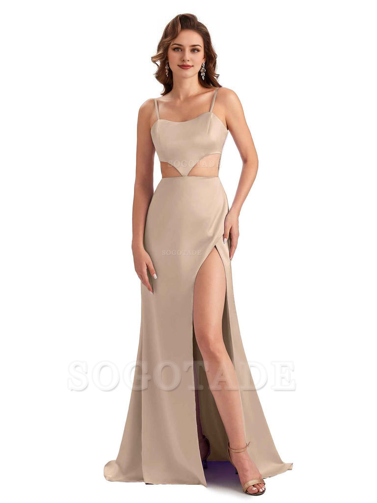 Sexy Satin Side Slit Spaghetti Straps Mermaid Long Unique Curve Wedding Guest Dresses