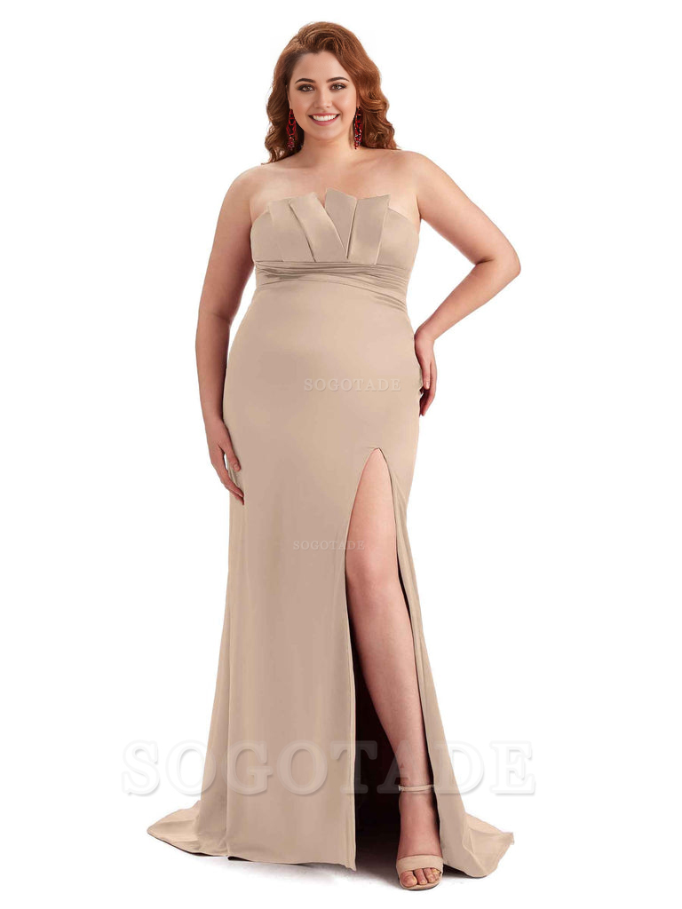 Sexy Side Slit Sleeveless Mermaid Soft Satin Long Plus Size Wedding Party Dresses For Wedding