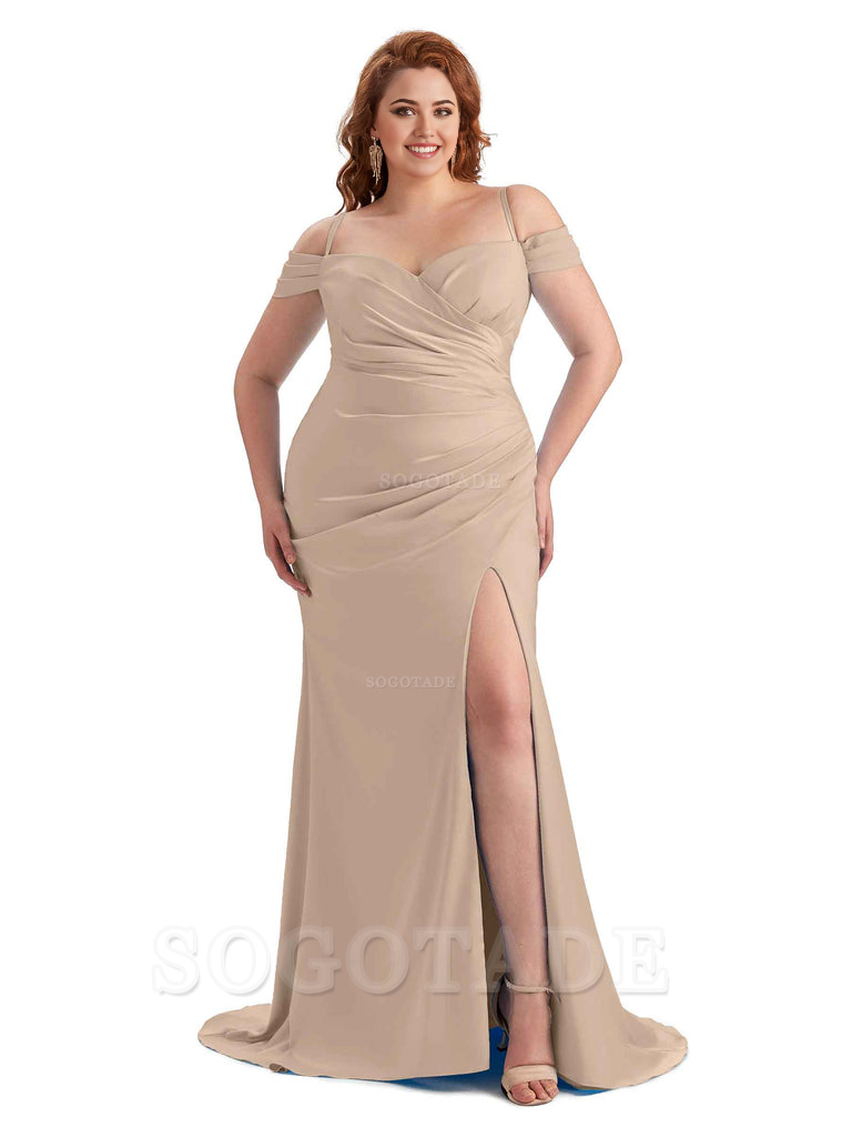 Sexy Side Slit Sleeveless Cold Shoulder Mermaid Soft Satin Long Plus Size Maid of Honor Dresses