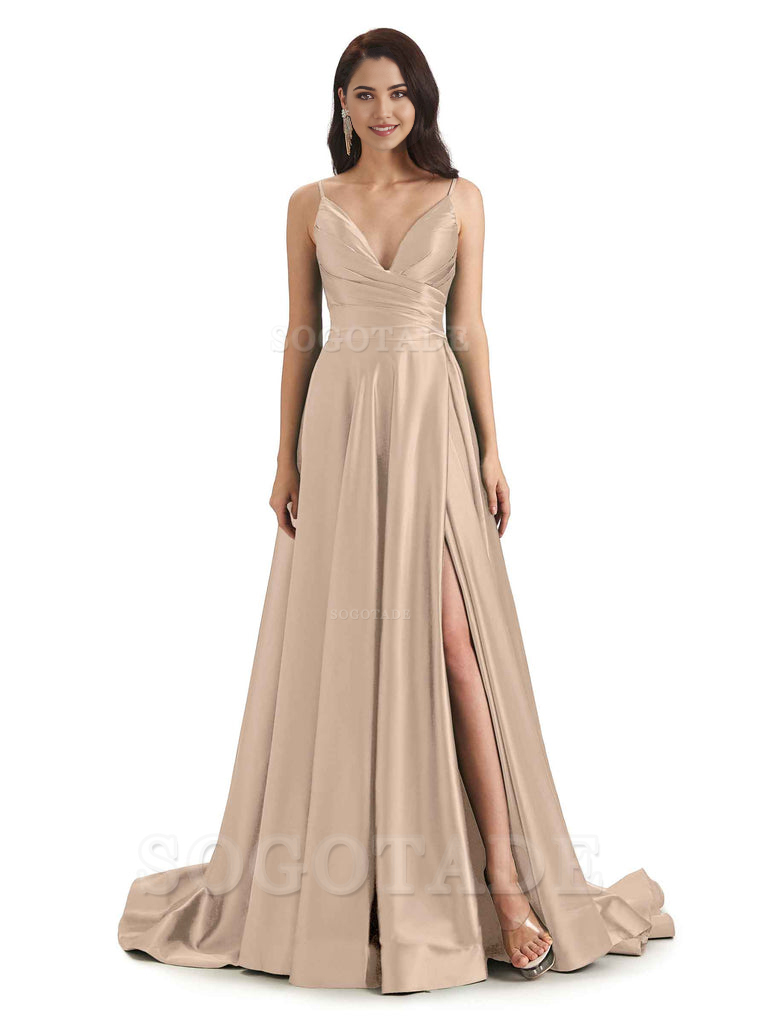Spaghetti Straps Satin formal dresses evening gown Bridesmaid Dresses With Side Slit 