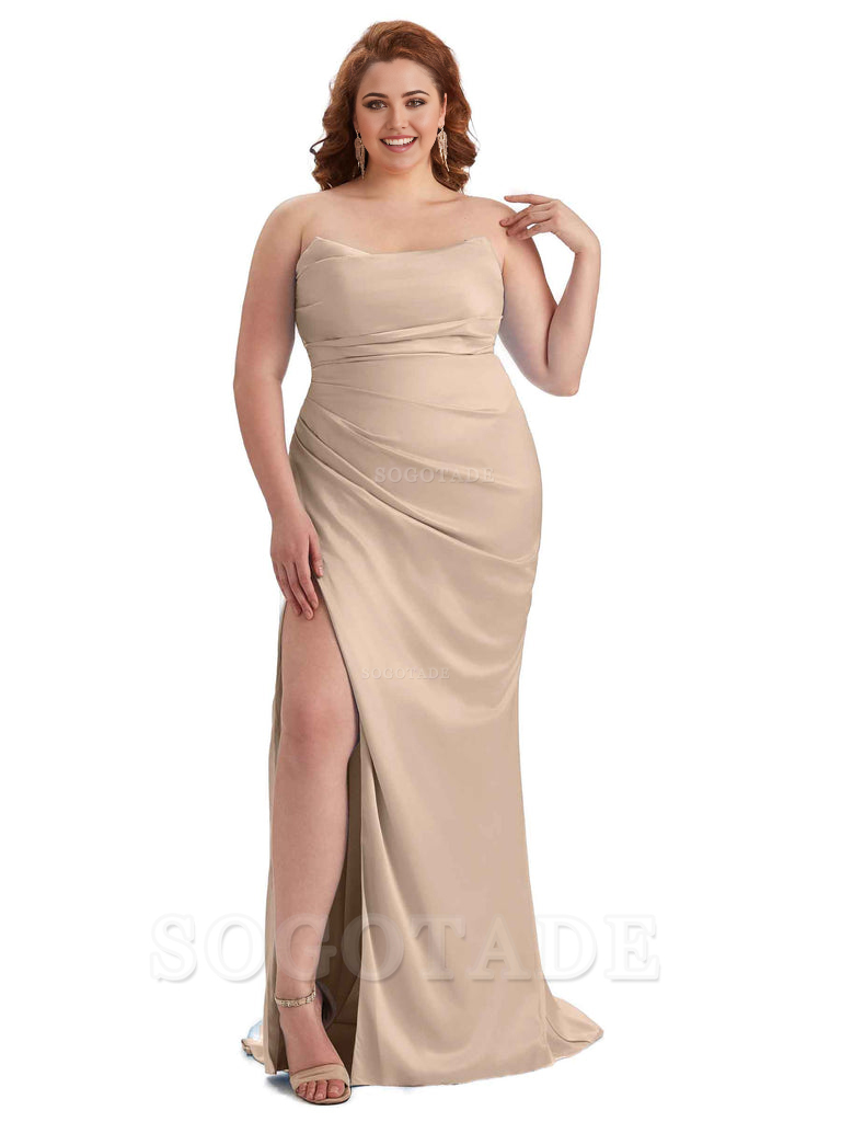 Sexy Side Slit Sleeveless Strapless Mermaid Soft Satin Long Plus Size Bridesmaid Dresses For Wedding