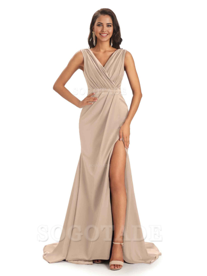 A-line V-neck Floor-Length Satin formal dresses evening gown Bridesmaid Dresses With Side Slit 