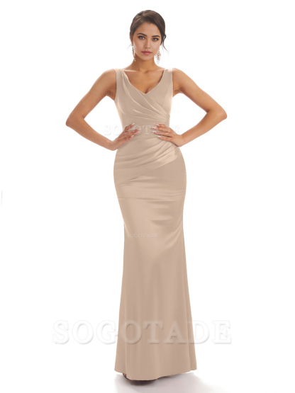 Sheath Sleeveless V-neck Floor-Length Satin formal dresses evening gown Bridesmaid Dresses With Pleats 