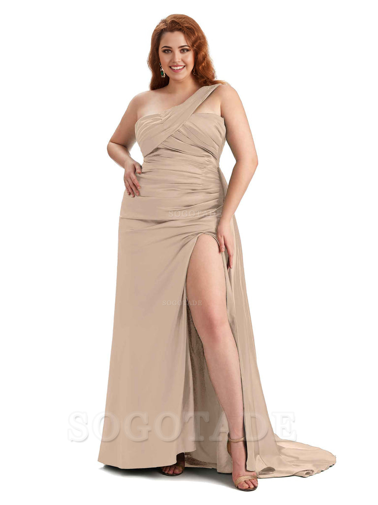  One Shoulder Sleeveless Sexy Side Hight Slit Mermaid Soft Satin Long Plus Size Bridesmaid Gowns