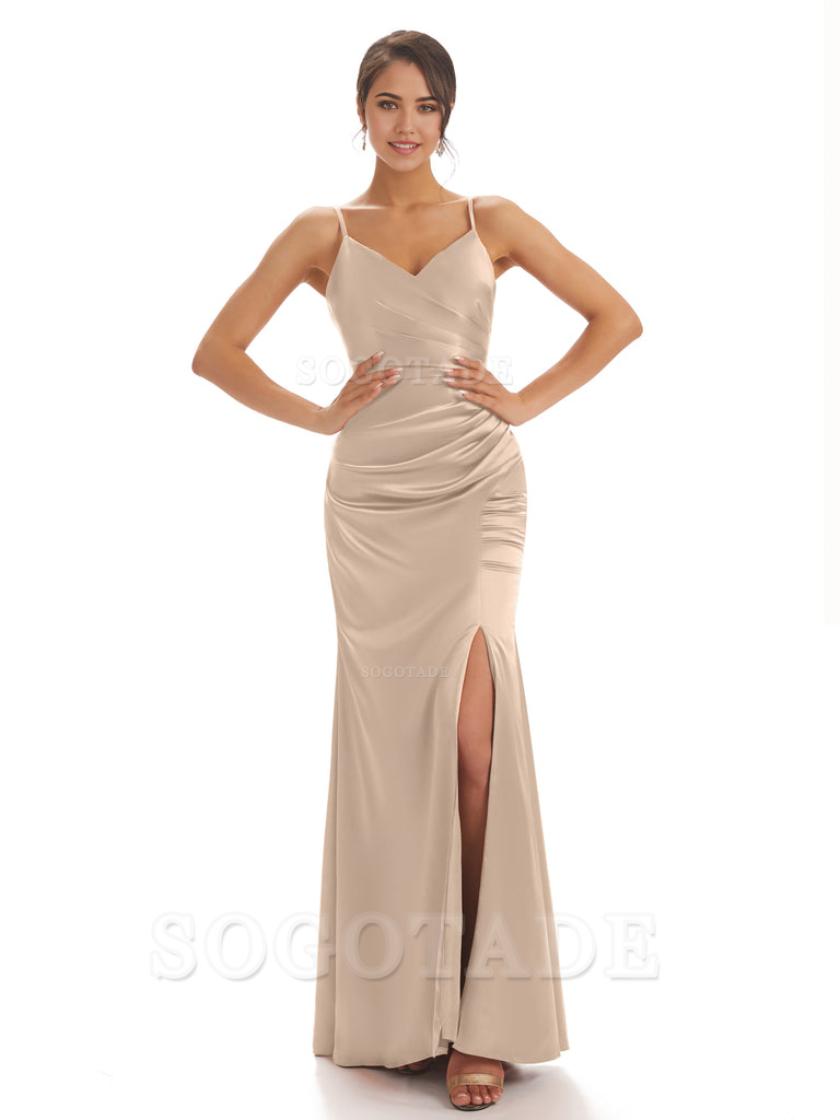 Spaghetti Straps Pleats Satin formal dresses evening gown Bridesmaid Dresses With Side Slit 